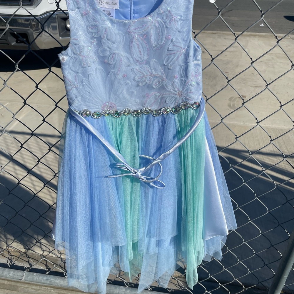 Blue and Green Tulle Dress with Floral Embroidery